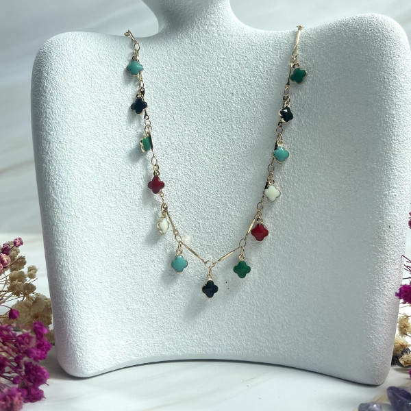 Yellow Gold Necklace with Van Cleef Shape Adorned with Colored Stones Like Gemstones